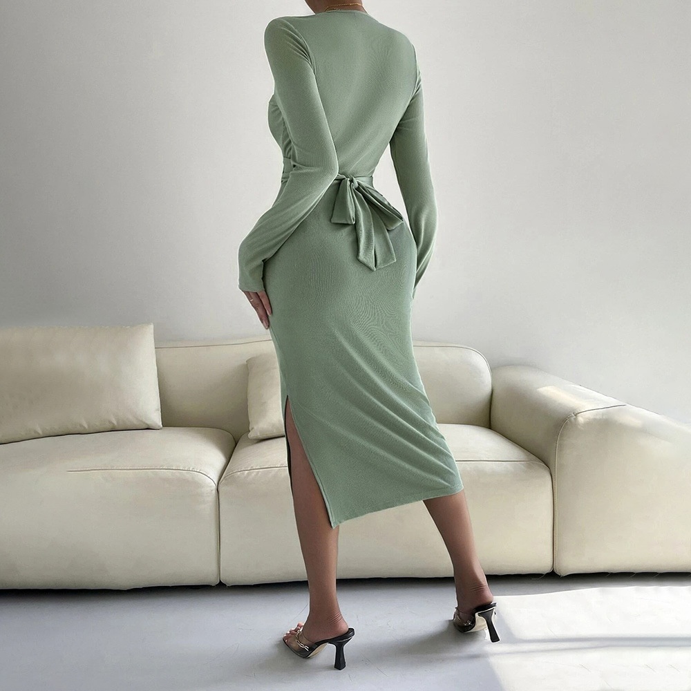 Foreign Trade European And American Women's Clothing Round Neck Slim Hip-wrapped Mid-length Skirt Long-sleeved Dress - 2