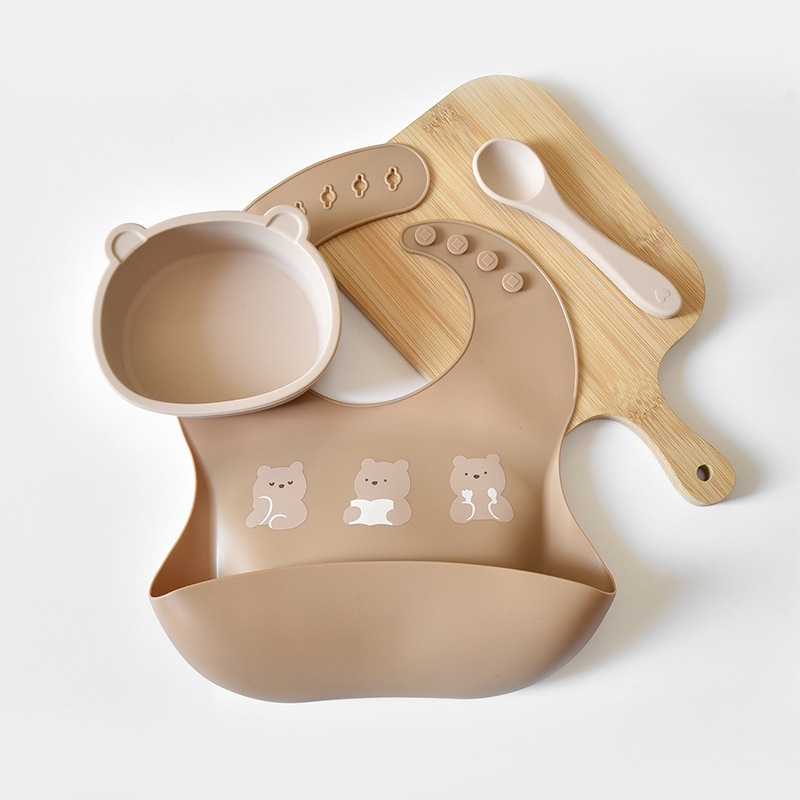 Baby Tableware Set Silicone Bib Spoon Baby Food Bowl Waterproof And Anti-dirty Danish Silicone Tableware Set Cross