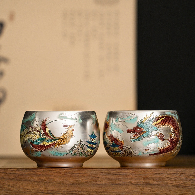 Master Zhou Hongjie Handmade Dragon And Phoenix Silver Cup Tea Pair Cup High-grade Gift Birthday For Elders, Parents And Friends
