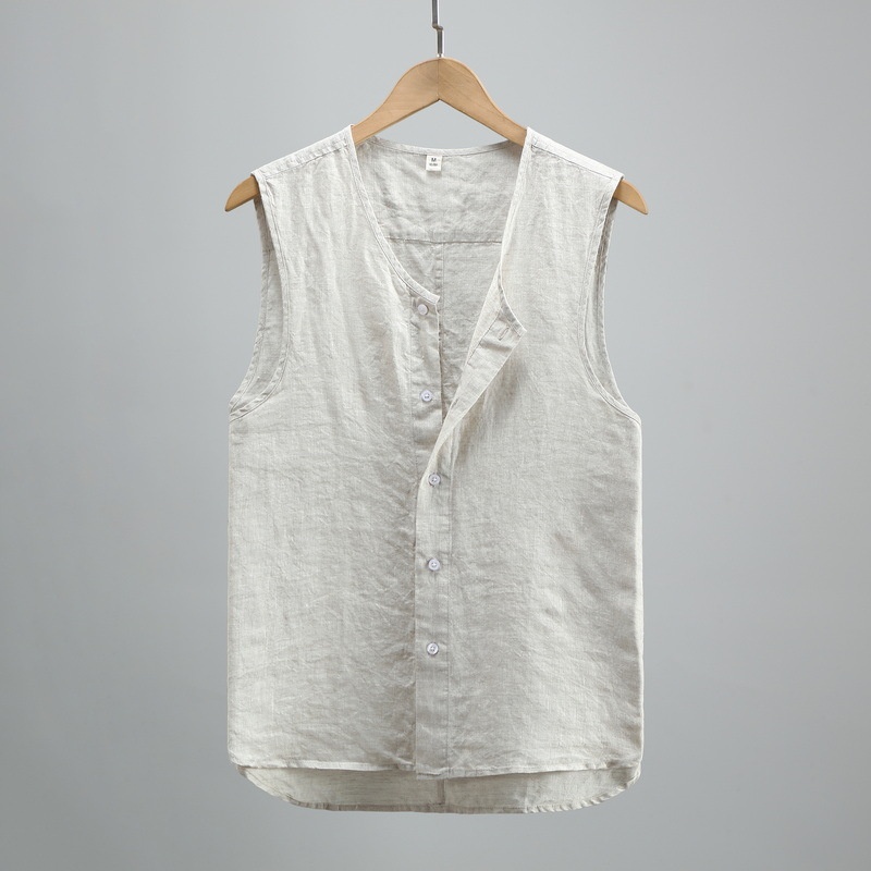 Summer Solid Color Linen Vest Men's Youth Sleeveless Retro Washed Linen Breathable Thin Button921