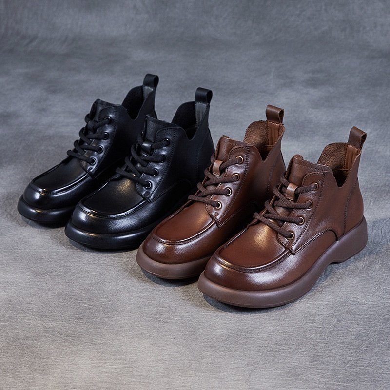 First-layer Cowhide Martin Boots For Women Autumn Low-top Retro Boots Handmade V-mouth Lace-up Short Boots - 4