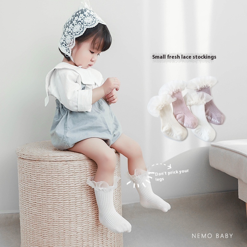 21 Spring And Autumn Baby Socks Korean Princess Lace Socks Non-slip Glue Children's Toddler Socks Combed Cotton Girls Socks