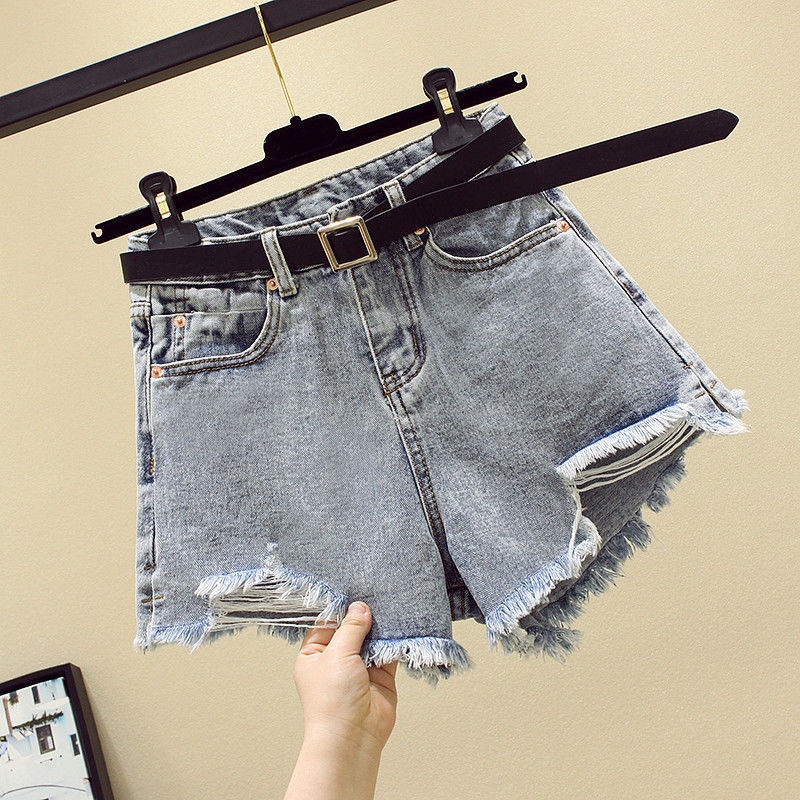Ripped Denim Shorts Women Summer High Waist Korean Style Loose Slim Irregular Wide Leg Denim Hot Pants