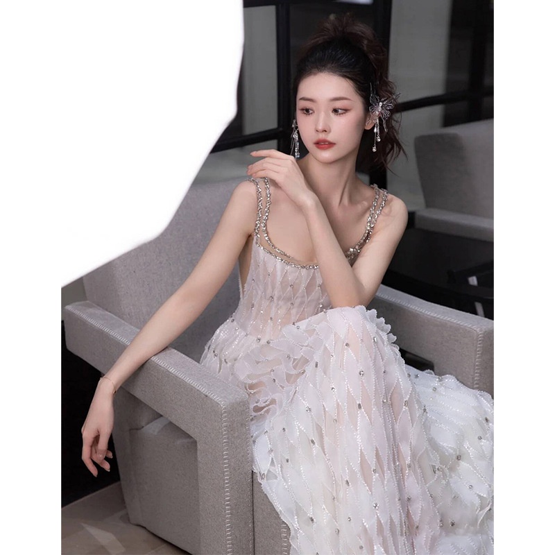 Light Wedding Dress Heavy Industry Sling High-end Sense French Super Fairy Morning Robe Gown With Sequin Star Banquet Dress