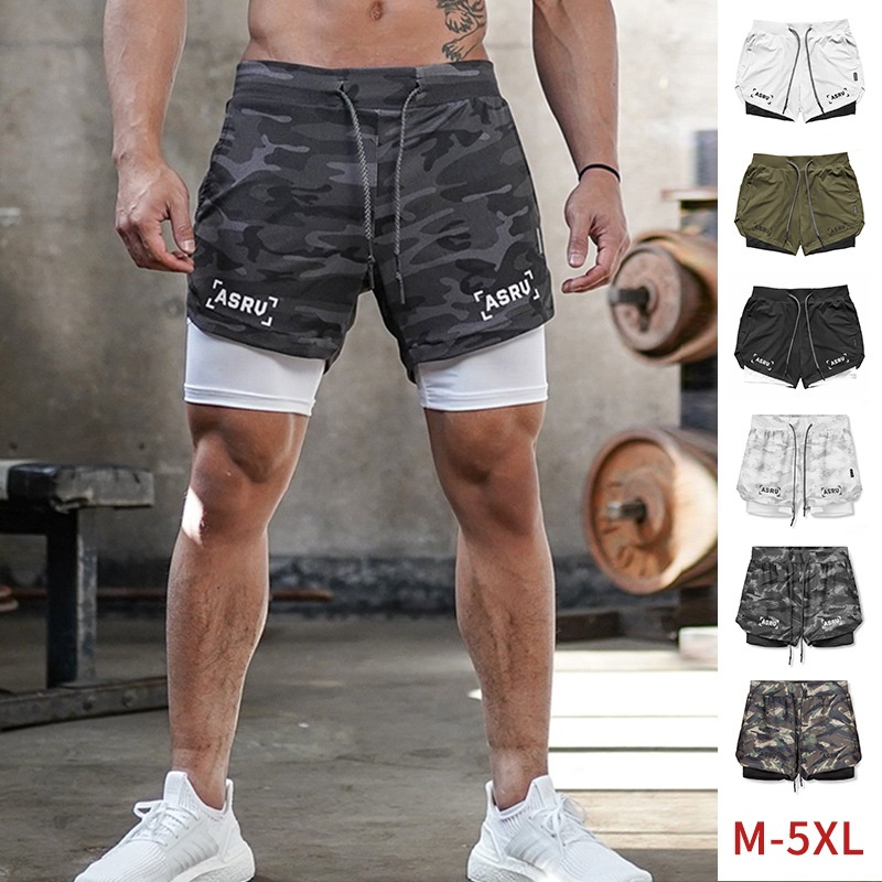 Summer Men's Shorts For Outer Wear American Youth Multi-pocket Double-layer Sports Shorts Men's Fake Two-piece Running Fitness Pants