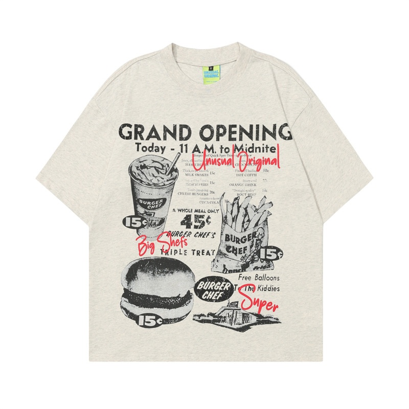 American Style Retro Nostalgic Hamburger Fries Printed Short-sleeved T-shirt Men's National Fashion Brand Street Loose Hip-hop Half-sleeved Top
