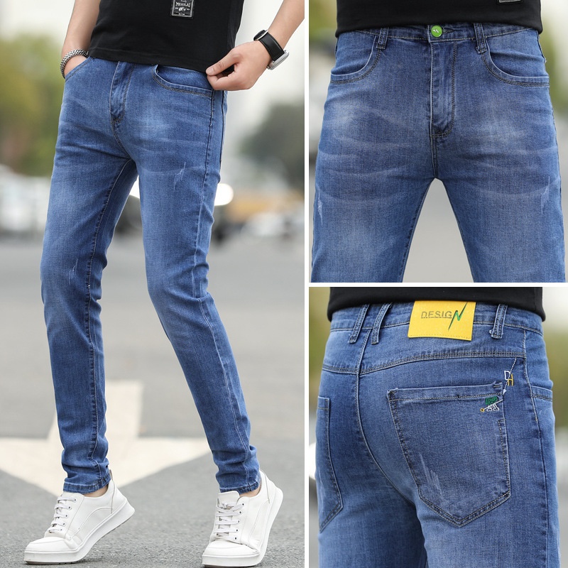 One Piece Drop Shipping8913 Popular Men's Gray Jeans Korean Style Fashion Mid-waist Elastic Skinny Long Pants