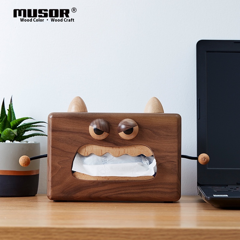 Wooden Color Wooden Art Creative Home Gift Solid Wood Small Monster Tissue Box Cute Cartoon Home Wooden Tissue Box