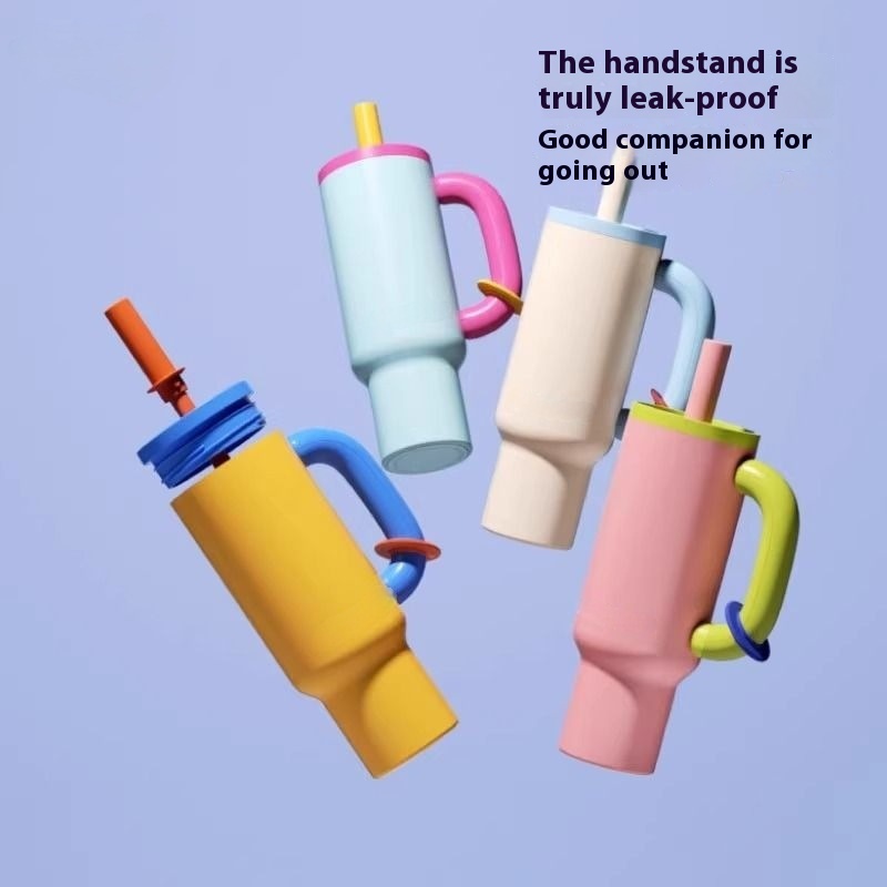 Dopamine Color Giant Car Cup With Handle Suction Tube Cup Stainless Steel Thermos Cup