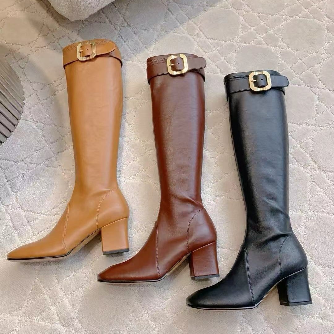 MIU High-quality Women's High-top Boots With Chunky Heels, Stiletto Heels, Side Zippers, And Super High Heels – Fashionable Women's Boots.