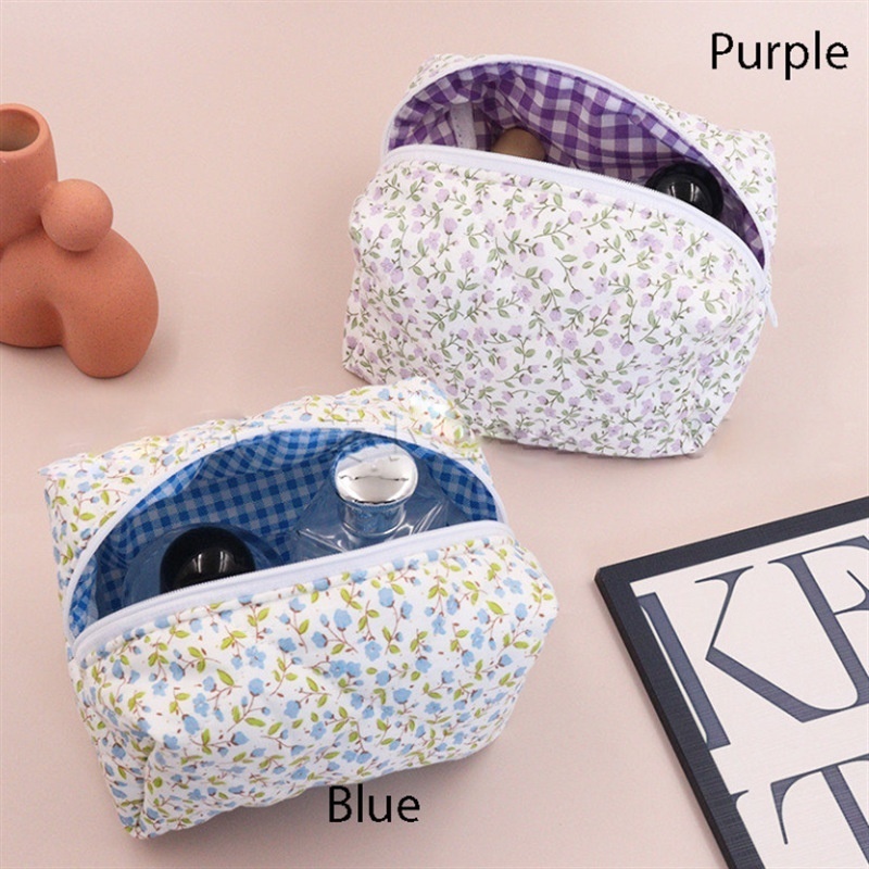 French Flower Quilted Cosmetic Bag Cotton Fluffy Large Capacity Travel Toiletry Bag Cute Floral Skin Care Bag