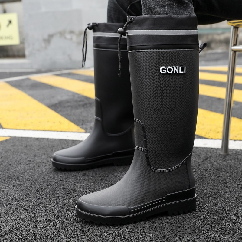 Men's Rain Boots Fashionable Outdoor Wear High-top Non-slip Drawstring Rain Boots Kitchen Car Wash Rider Special Thick-soled High-top Water Shoes
