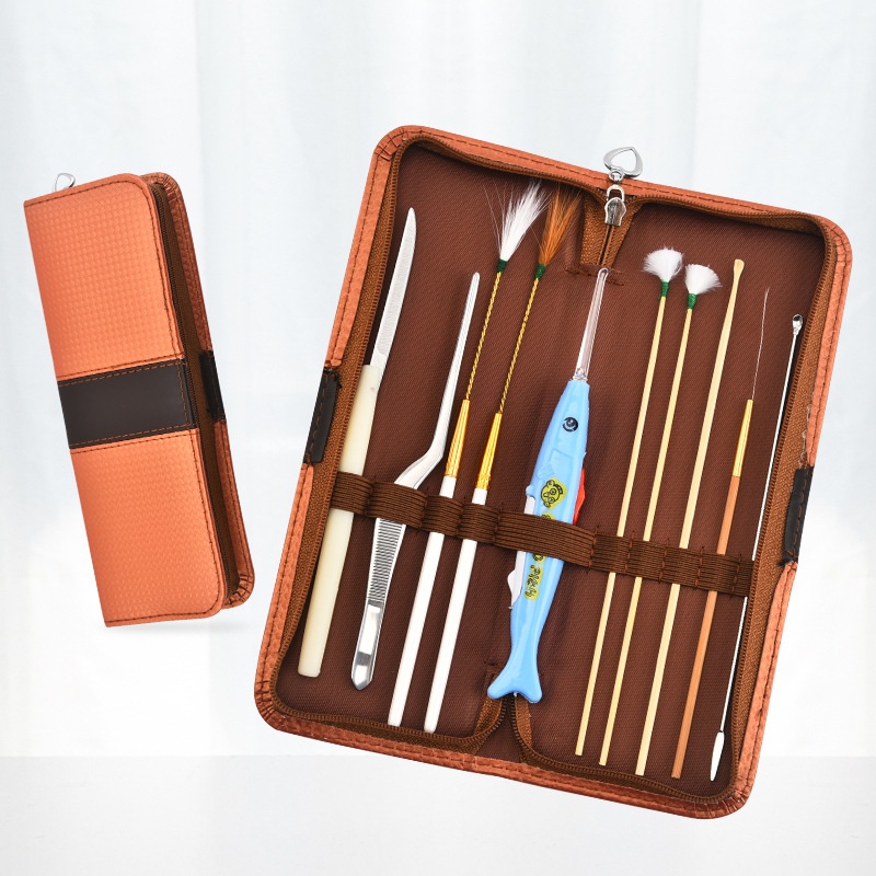 Stainless Steel Double-headed Ear Spoon Portable Luminous Ear Spoon Chicken Feather Stick Crane Feather Stick Ear Picking Tool10-piece Set