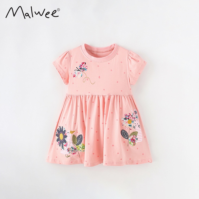 Malwee Girls Dress Summer Small And Medium Children's Short Sleeve European And American Style Round Neck Children's Dress Princess Dress