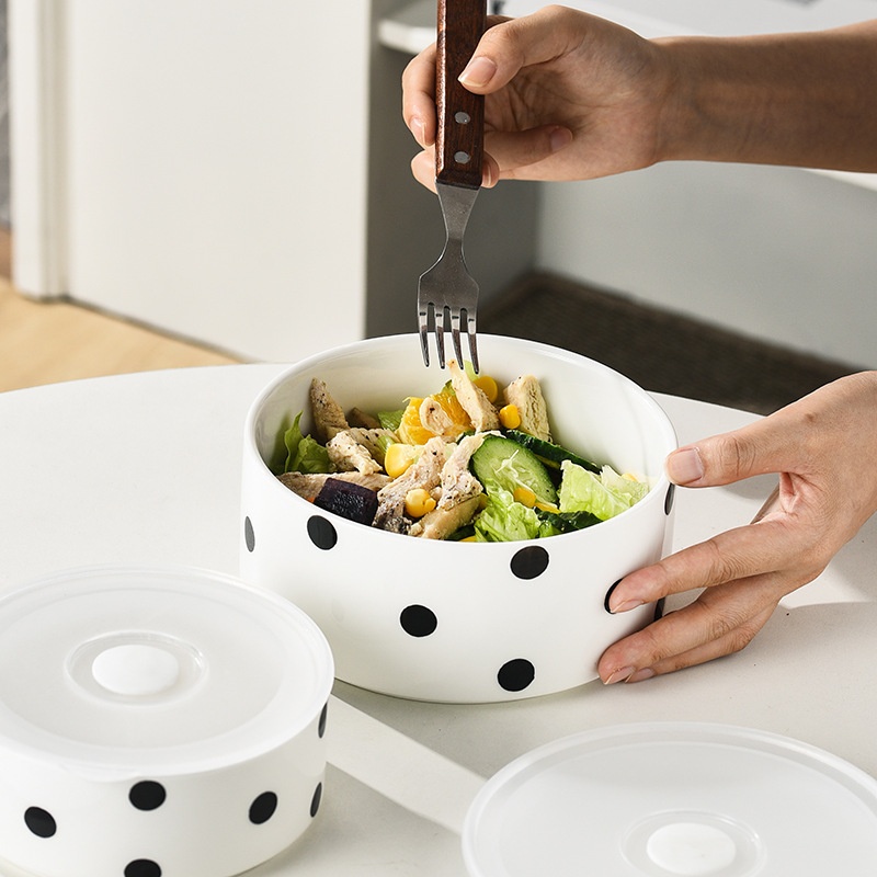 Hepburn Style Ceramic Bowl With Lid, Household Microwave Heating Bowl, Office Worker Lunch Box, Tant Noodle Bowl, Sealed Rice Bowl