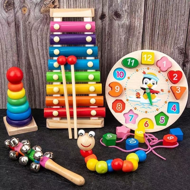 Early Education Educational Toys Children's Small Winding Beads Eight-tone Piano Alarm Clock Children's Knocking Piano Suit Wooden Baby Montessori Infants