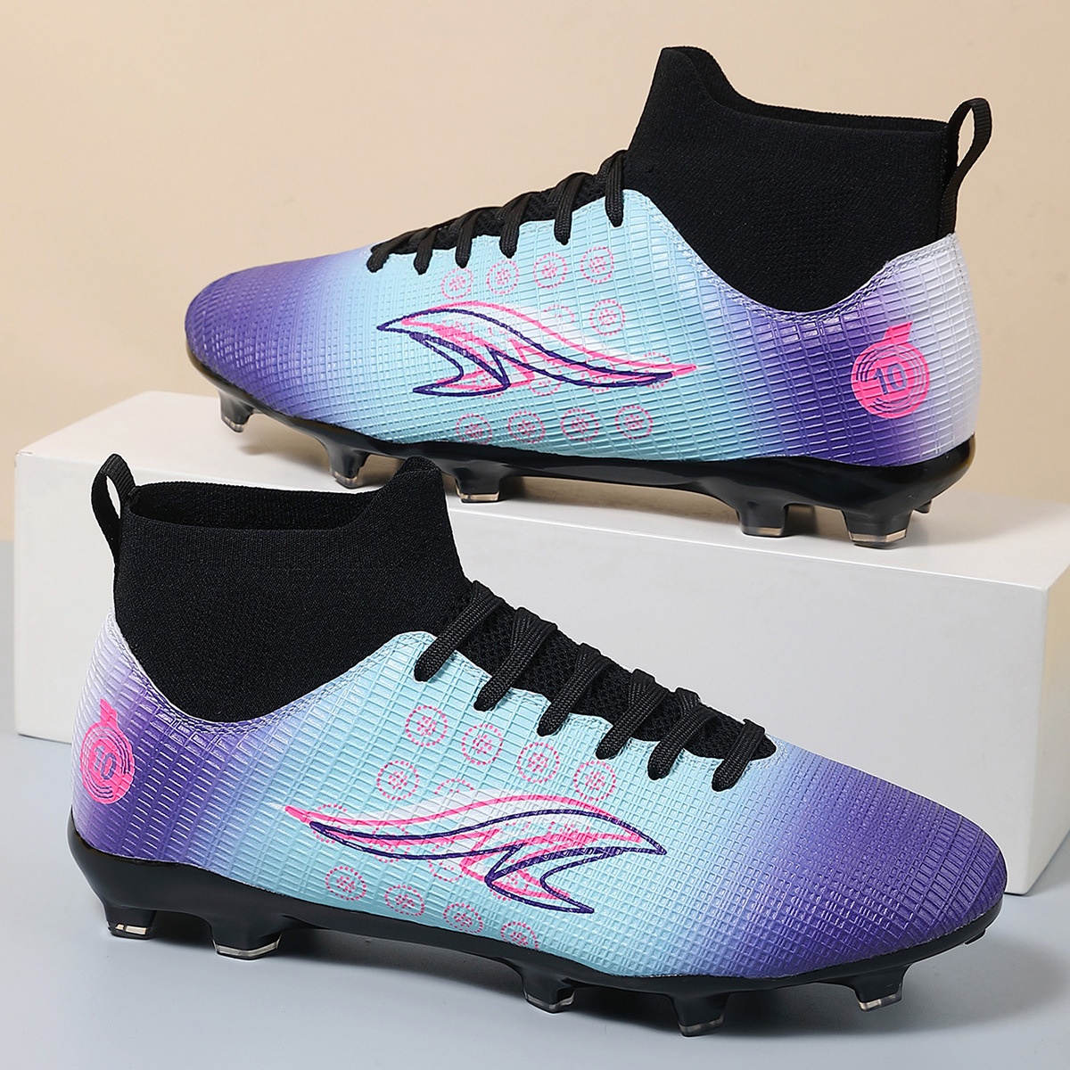 Football Shoes Long Spikes High Top Spring Children's Professional Competition Shoes Foreign Trade Large Size Broken Nail Football Shoes