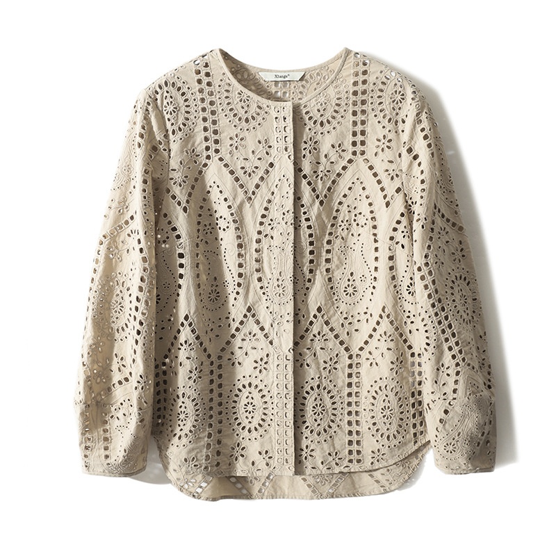 Hollow Pane Embroidered Round Neck Shirt Top