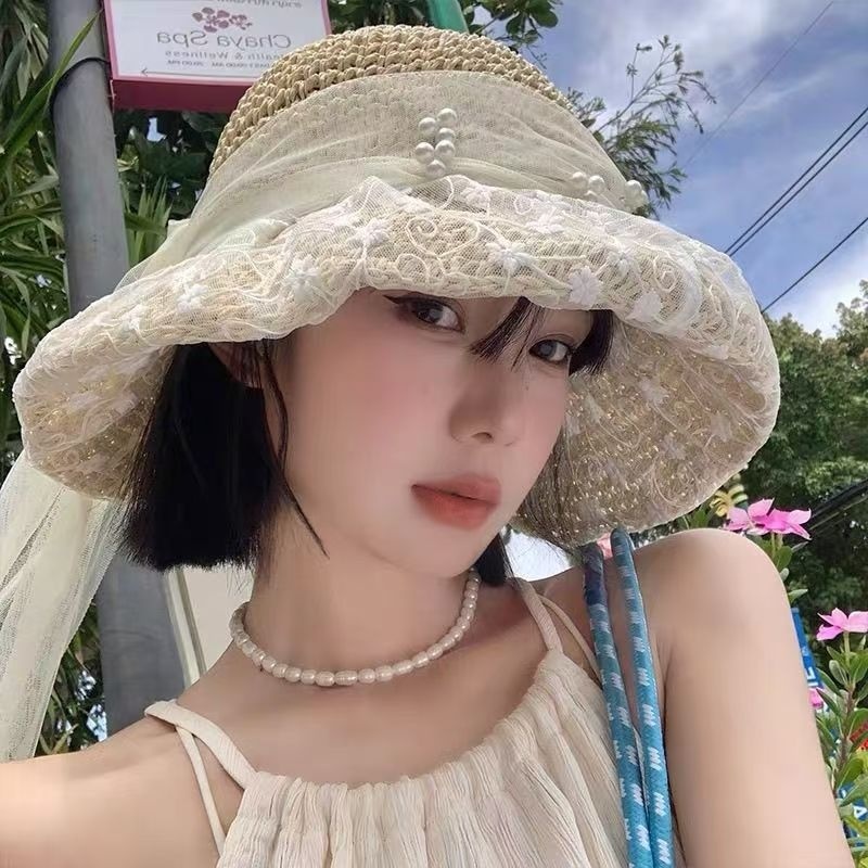 Lace Pearl Lace French Cut Out Straw Hat For Women Spring And Summer Floral Large Brim Sun Hat Sun Protection Hat