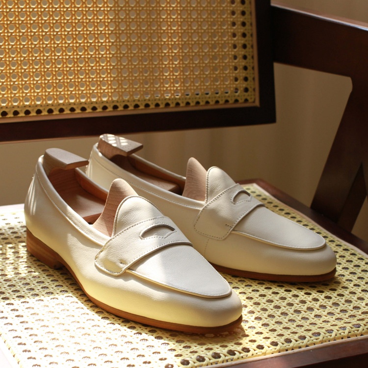 British Retro Milky White Soft First Layer Cowhide Leather Soft Sole Spring And Summer Slip-on Suit Handmade Billy Loafers