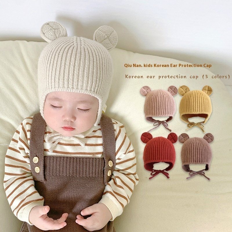 Qiunan Baby Hat Autumn And Winter Korean Style Cuteborn Solid Color Knitted Earmuffs Baby Wool Hat