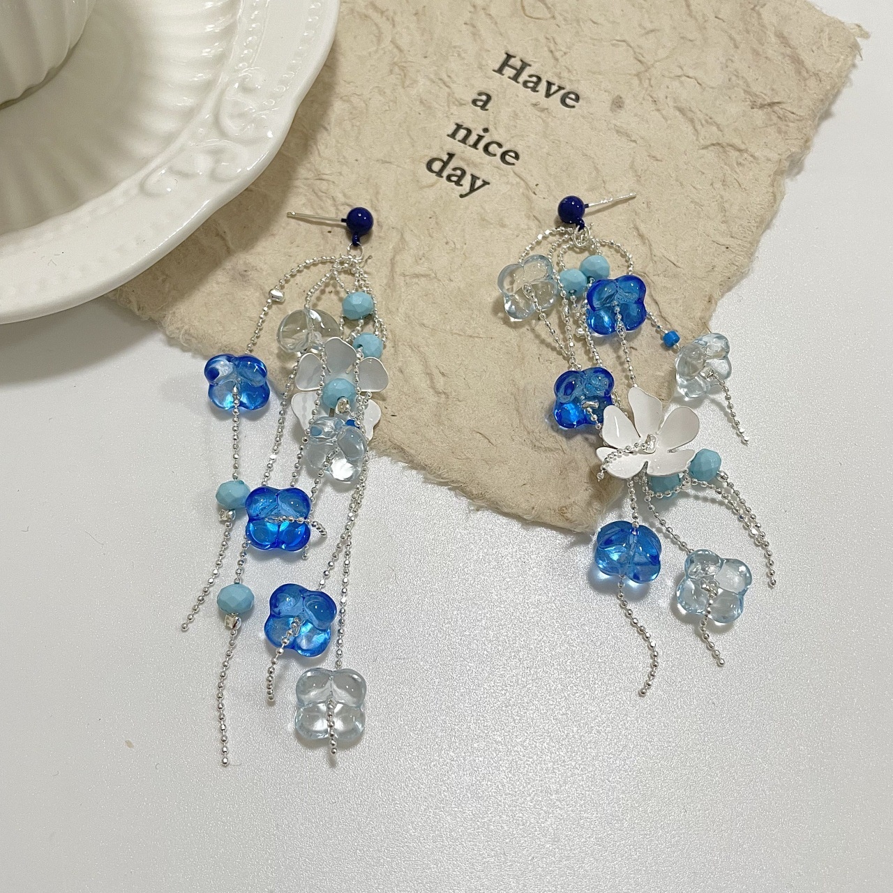 French Style Light Luxury Blue Flower Tassel Earrings Necklace Fashionable Elegant Lady High-end Small Fresh Style Jewelry Women