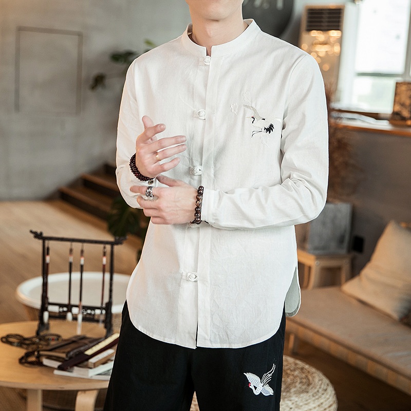 Chinese Style Crane Embroidery Casual Slim Fit Long Sleeve Cotton Linen Shirt