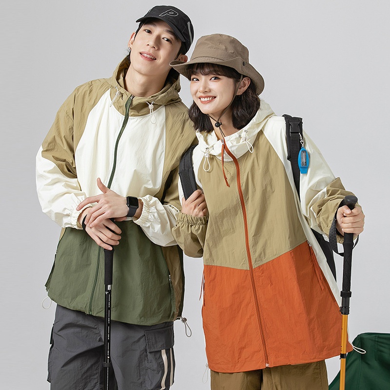 Color-contrast Stitching Thin Sun Protection Clothing Men's Summer Ice Silk Cool Breathable Americany Outdoor Couple Jacket Coat