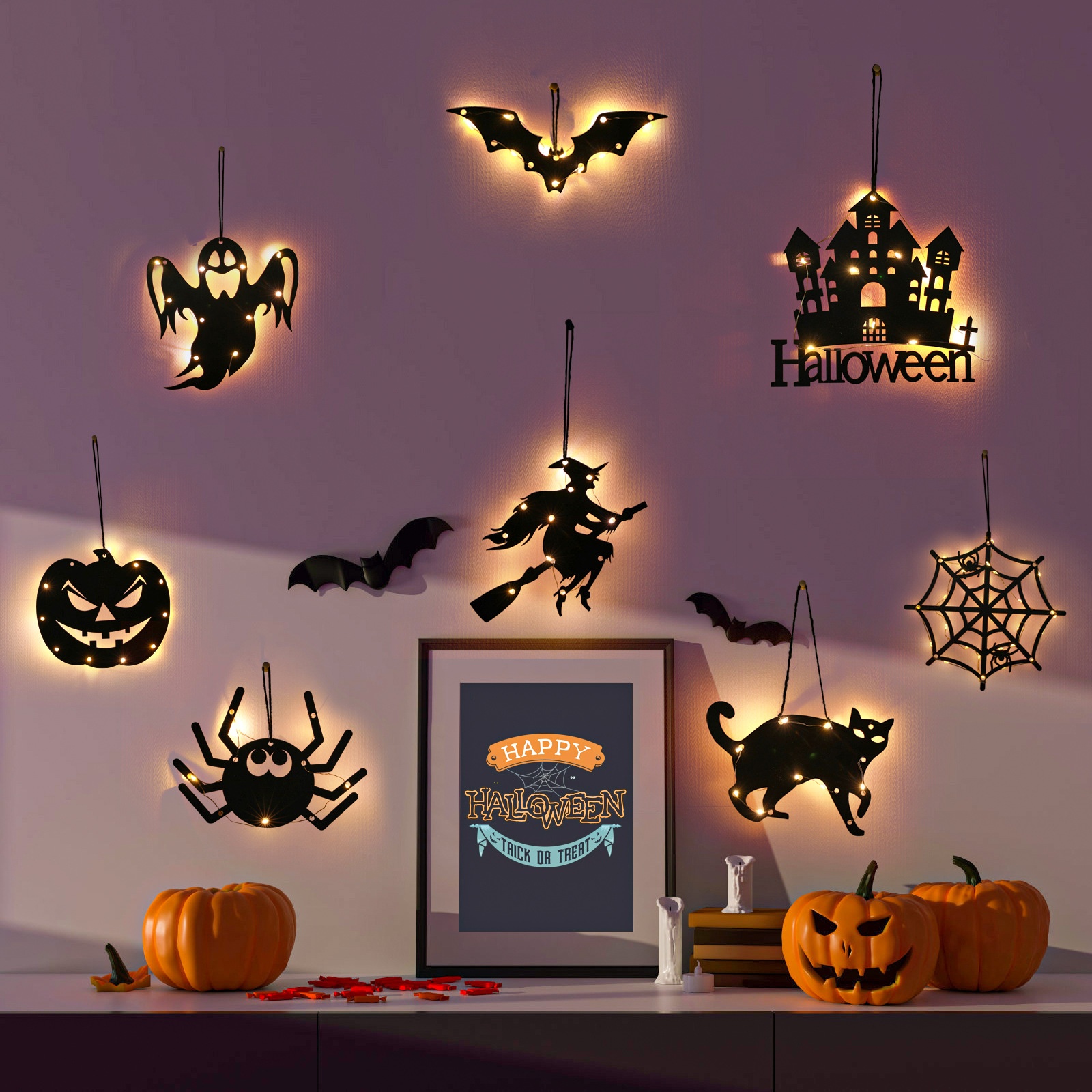 Halloween Light-Up Decorations-Glowing Pumpkin Party Props,Spider Web Hanging Ornaments For Halloween