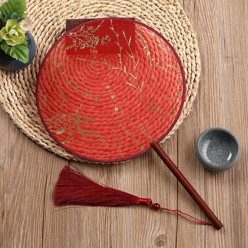 Sandalwood Handle Chinese Ancient Style Gold-stamped Semi-transparent Round Round Fan Female Tassel Hanfu Dance Palace Fan Xiuhefu Happy Fan