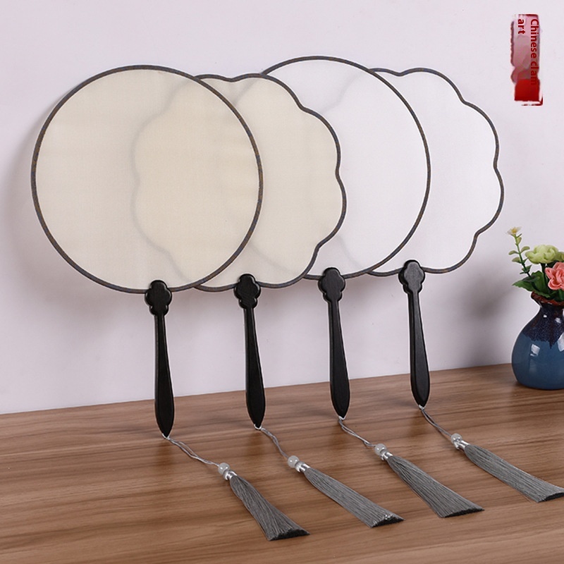 Ebony Ruyi Handle Pure Silk Flower-shaped Blank Ancient Style Round Fan Hand-painted Fan DIYHandmade Fan