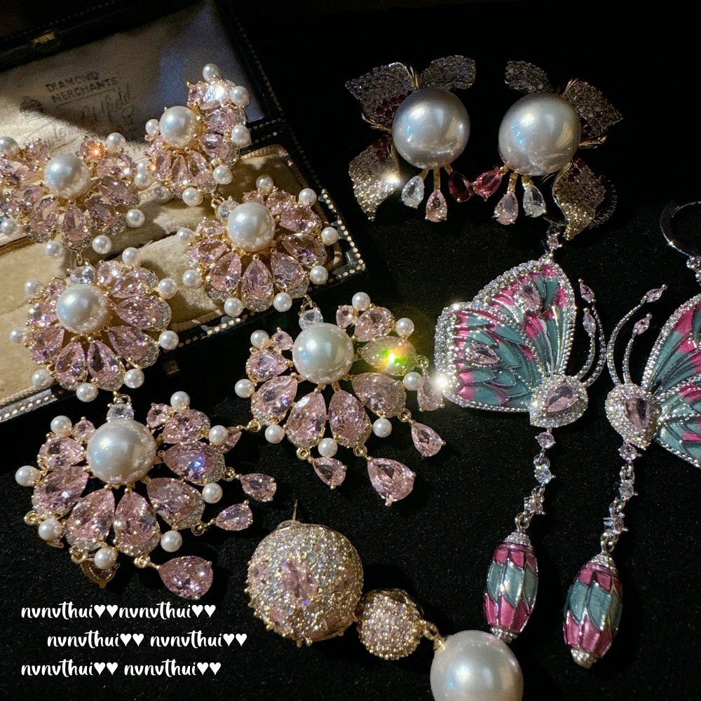 Imperial Concubine Powder Fan-shaped Gem Tassel Earrings Papalacha Plated 18K Gold Rainbow Drop Glaze Butterfly Zircon Earrings