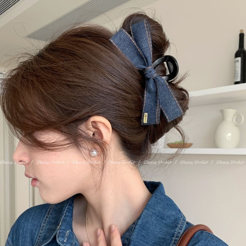Korean Style Fashionable Denim Bow Grab Clip High-end Sense Hairpin Back Head Large Shark Clip Headwear