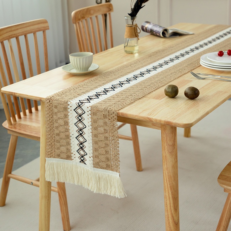 Cotton And Linen White Coffee Tassel Table Runner Long Strip Fabric Piano Cover Coffee Table Table Cloth Dining Table TVCabinet Table Runner