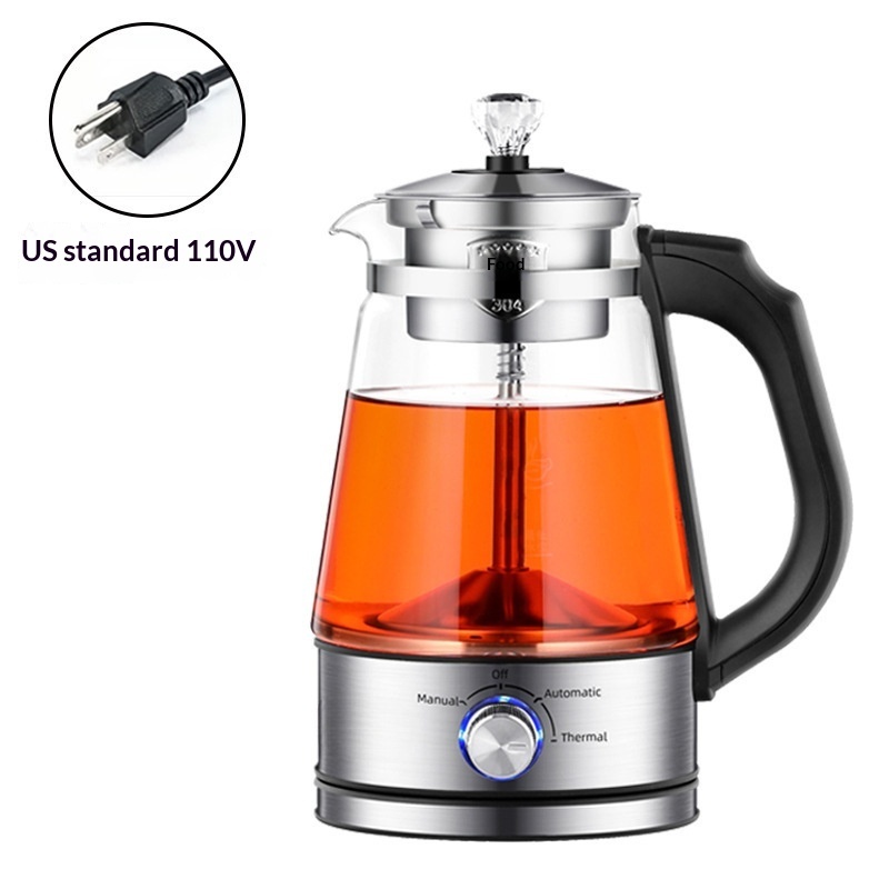 1.8L Glass Electric Tea Kettle 110V US Plug – Full Auto Steam Spray Black Tea Brewer Coffee & Floral Tea Maker