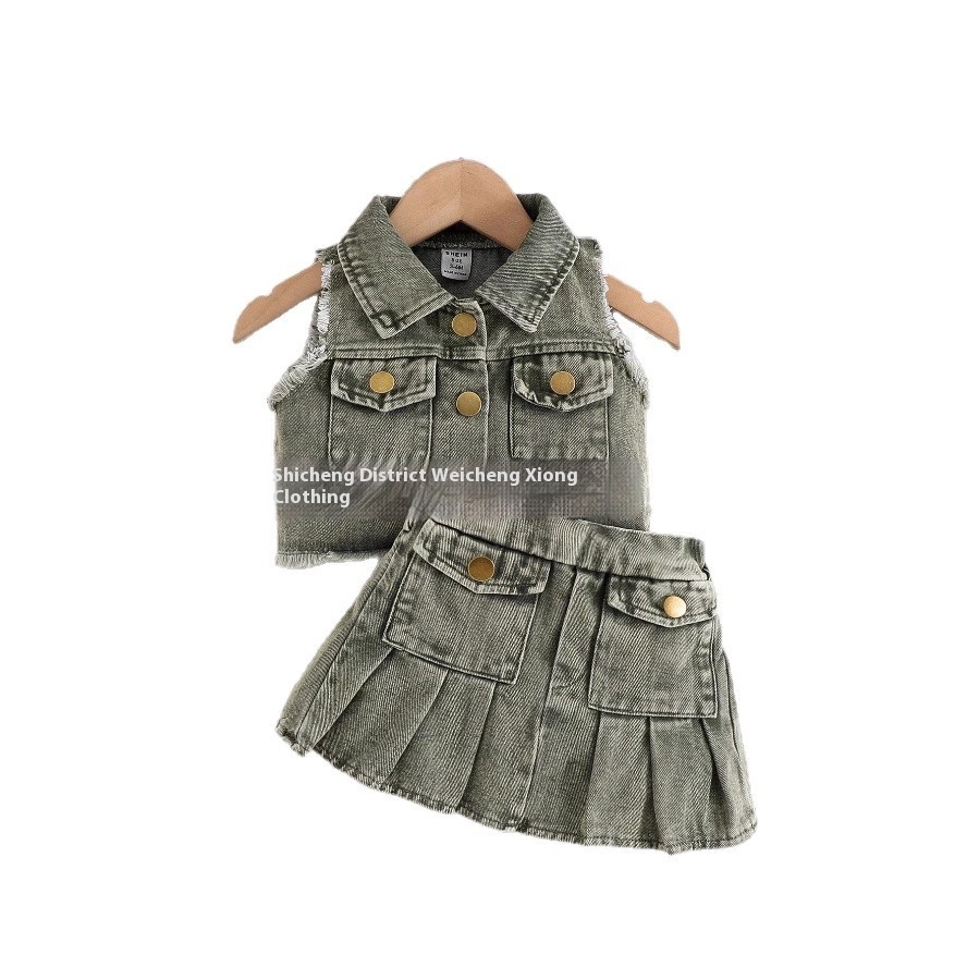 Girls' Fashionable Denim Two-Piece Set Summer Little Girl Sleeveless Vest Pleated Skirt Two-Piece Set