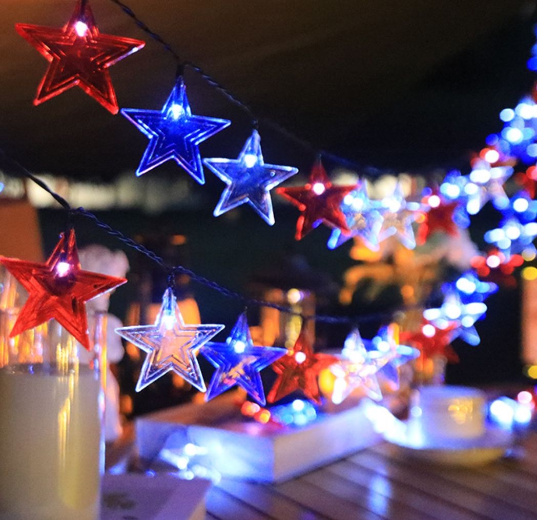 LEDRed White And Blue Stars Solar Outdoor Lights String American Independence Day Garden Decorative Lights