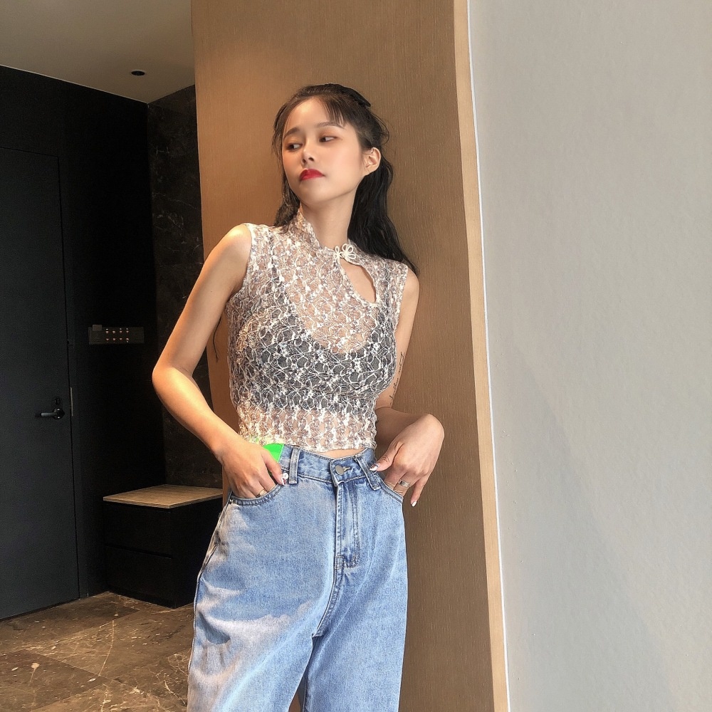 Summer Blogger Tops Female Design Short Sexy Perspective Hollow Lace Shirt