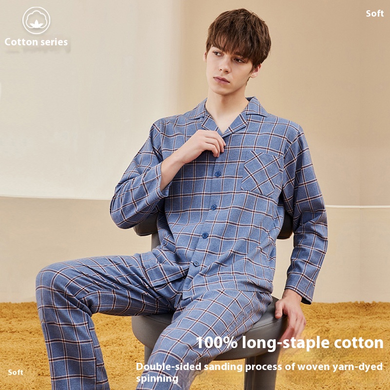 Spring And Autumn Long-sleeved Woven Brushed Men's Pajamas Set Can Be Worn Outside Large Size Pure Cotton Pajamas Men
