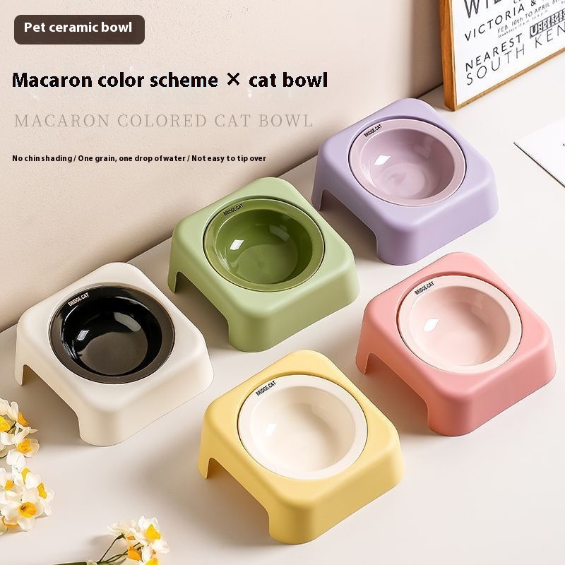 Macaron High-Value Flying Saucer Cat Bowl Ceramic Food Bowl Cat Rice Bowl Iron Frame Neck Support Dog Food Bowl Dog Bowl