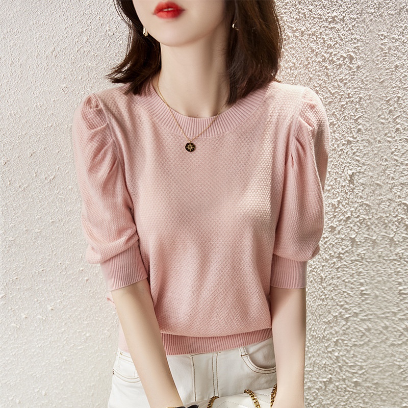 Women's Summer Sweet Knitted Short-sleeved Women's Round Neck Hollow Solid Color Thin T-shirt Loose Half-sleeved Top
