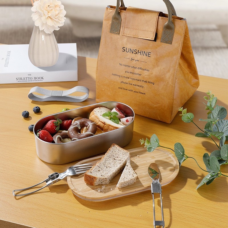 304 Food-Grade Stainless Steel Lunch Box With Bamboo Lid,Sealed Bento Box With Strap,Microwave Safe