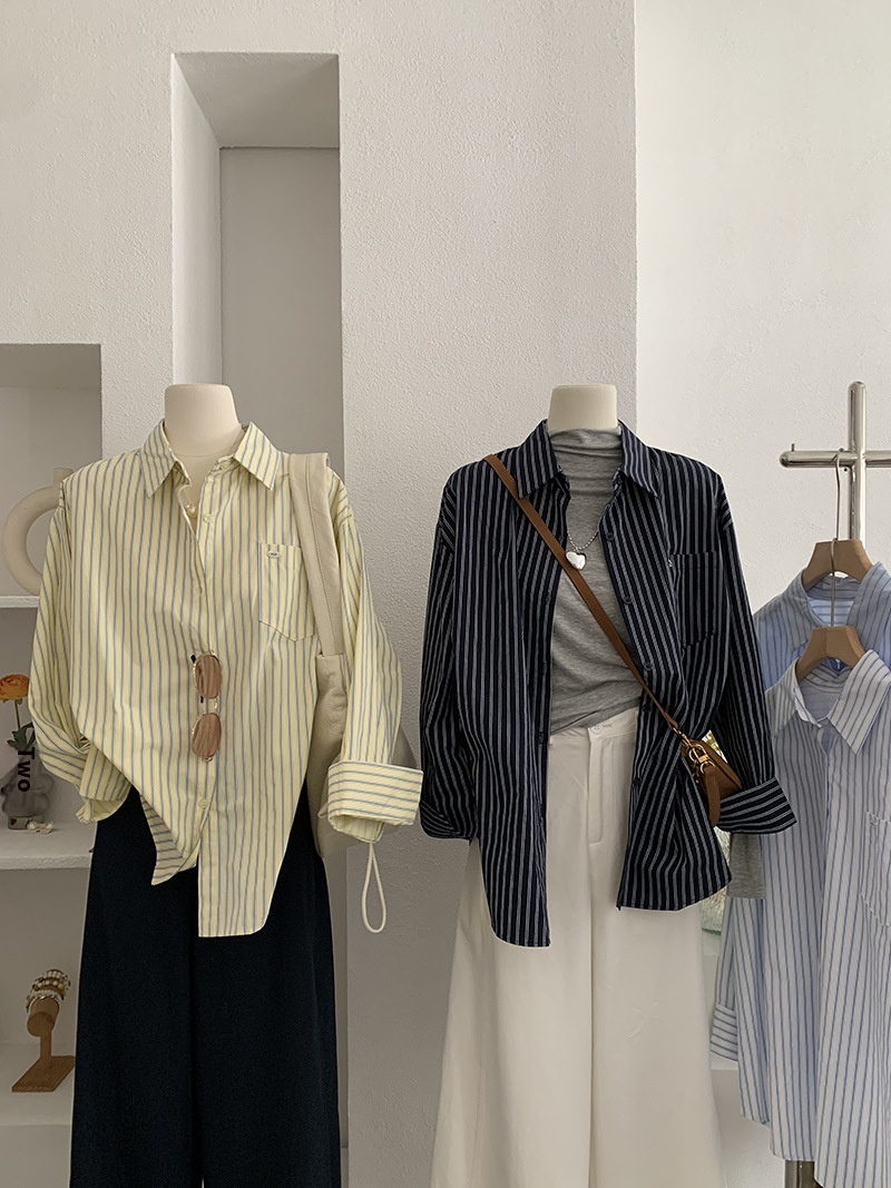 Casual Korean Style Lapel Single-breasted Vertical Striped Long-sleeved Mid-length Shirt