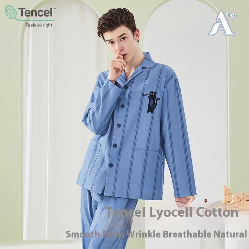 Lyocell Tencel Cotton Men's Pajamas Couple Set Cool Spring And Autumn Thin Long Sleeve Pajamas Men's Home Clothes