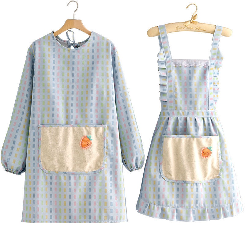 Korean Style Canvas Long-sleeved Apron, Kitchen And Household Use, Stain-resistant, Breathable, Cute Smock, Women's Waistband, Catering Special.