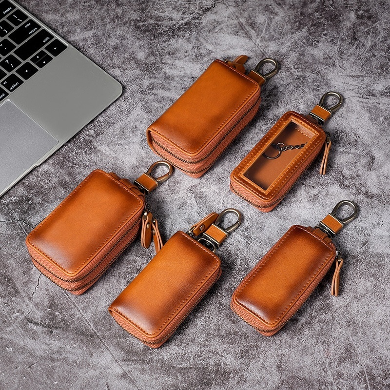 Universal Genuine Leather Car Key Bag Retro Oil Wax Leather Double Zipper Door Key Car Key Protective Cover