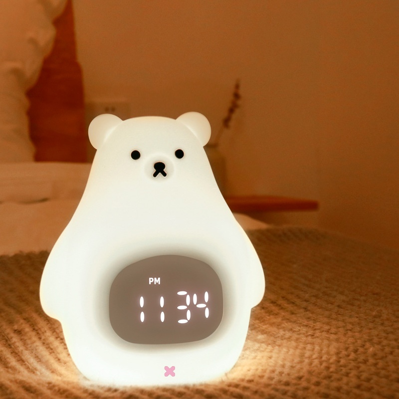 Goods White Bear Alarm Clock Silicone Pat Pat Remote Control Color Light With Time Usb Charging Student Night Light