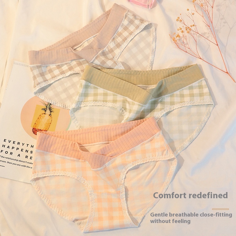 Low-waisted Plaid Maternity Underwear For Early, Middle And Late Pregnancy Breathable Maternity Belly Support Women's Antibacterial Briefs