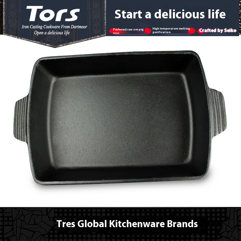 Toles Chef's Cast Iron Uncoated Frying Pan Steak Roast Pan Restaurant Grilled Fish Rectangular Pan