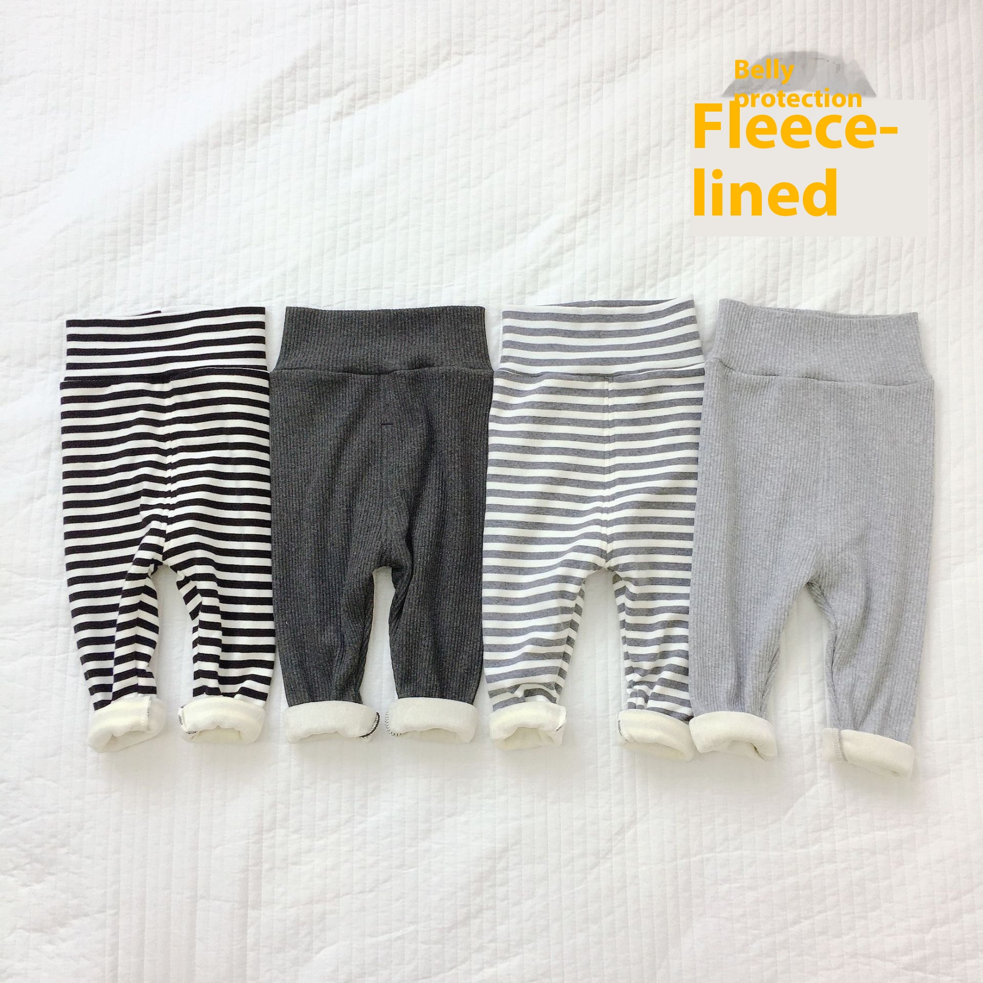 Autumn And Winter Double-layer Velvet Thickened Knitted High-waist Belly-protecting Leggings For Boys And Girlsy Striped Warm Trousers